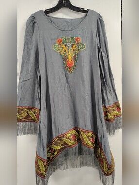 Bohemian Chic Embroidered Grey Fringe Vela Tunic Dress w Colorful Cow Motif S-M